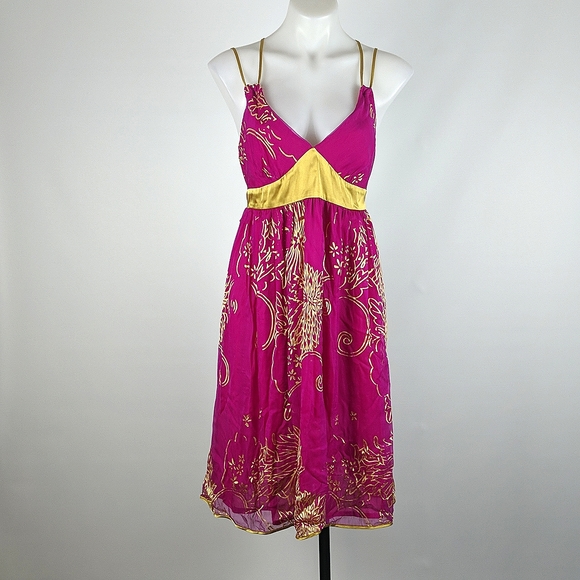 Bardot Dress Size 14 Pink Gold Silk Crossover Straps Bow Ribbon Midi Lined - Picture 2 of 8